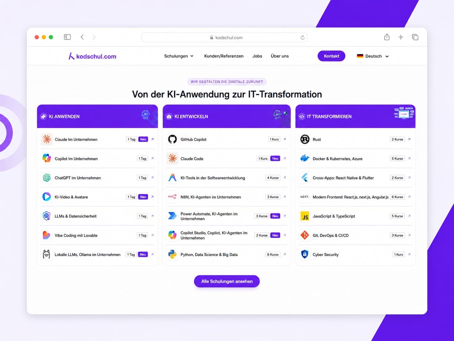 Kodschul premium dark-themed homepage showing cutting-edge IT and AI training paths
